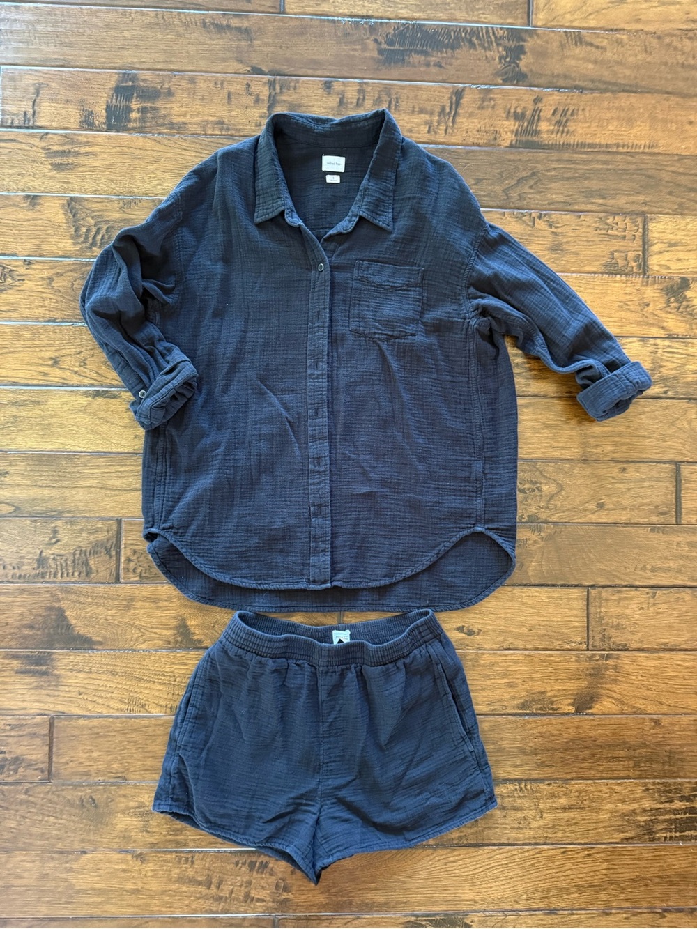 Aritzia Wilfred Washed Black Button-Down Gauze Shirt and Short set